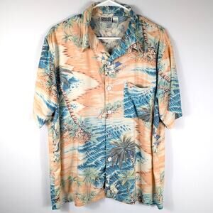 Chico’s Design Size 2 Tropical Hawaiian Rayon Button Front Shirt Short Sleeve
